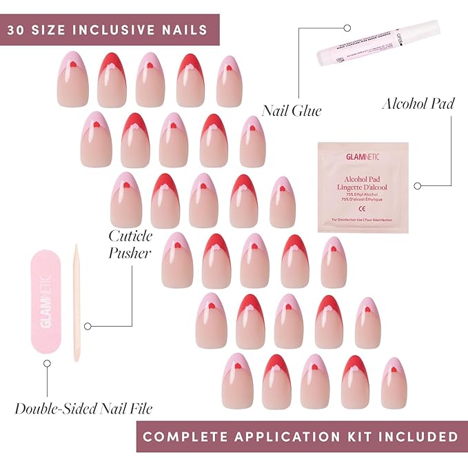Glamnetic Press On Nails - Pure Hearted | Glossy, Semi-Transparent Short Almond Nails with Heart Accents, Salon Quality Valentine’s Nails | 15 Sizes - 30 Nail Kit with Glue