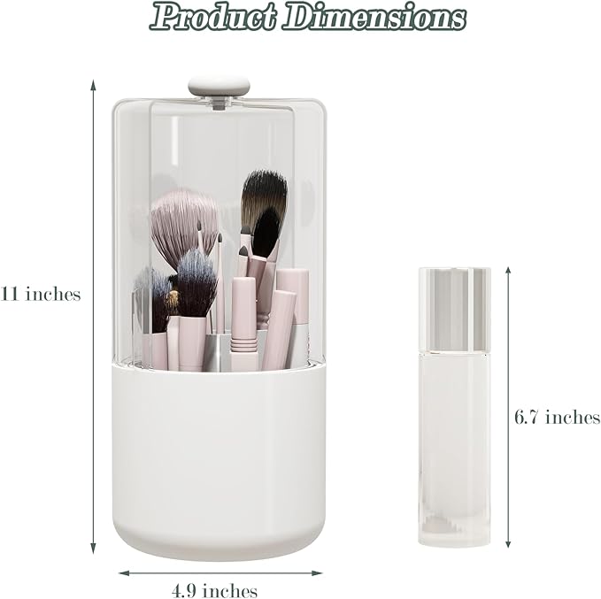 Zufudo Makeup Brush Holder with Dustproof Cover, Clear 360 Rotating Make Up Brushes Organizer for Counter Vanity Bathroom, White