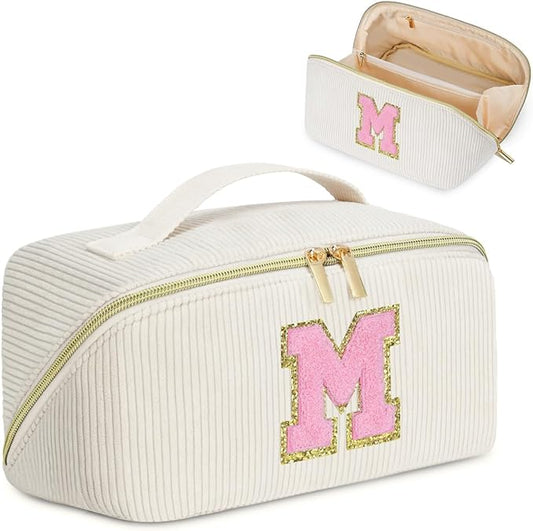 Personalized Initial Makeup Bag, Valentine's Day Gifts for Girls,Preppy Bag Cosmetic Travel Bag Women,Travel Toiletry Organizer,Large Capacity Corduroy Stuff Bag,Cute Cosmetic Pouch Skincare Bag