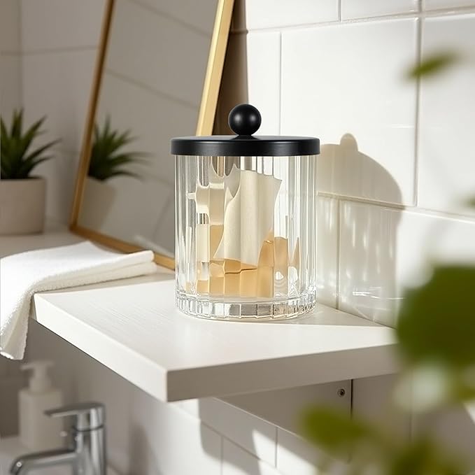 Amolliar Qtip Holder Dispenser for Cotton Swabs, Cotton Balls, Pads, Floss Picks, Clear Glass Canister Apothecary Jar, Bathroom Essential Accessories Decor, Bathroom Storage Organizer (Black, 4 Pack)