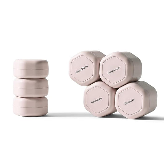 Cadence Travel Containers - Daily Routine Capsule Set - Magnetic Containers with Lids,4 Flex Mediums (1.32oz) & 3 Flex Smalls (0.56oz) - Shampoo, Conditioner, Body Wash, Pills, & More - Petal