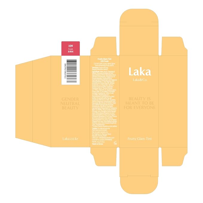 Laka Fruity Glam Tint, 4.5g/0.15oz, Glowing Lip Stain with Wide Color Spectrum, Hydrating & Lightweight Texture, Long-Lasting Bold Stain, Non-Sticky, Vegan, K-Beauty (#109 Fresh)