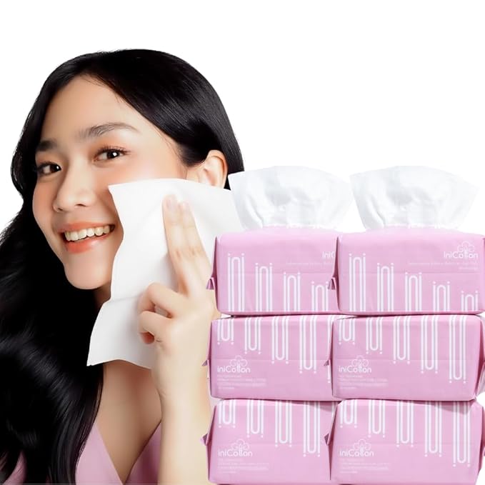 iniCotton Face Towels, Indonesian Unscented Cotton Tissues for Sensitive Skin, Disposable Face Towelette, Ultra Soft, Makeup Remover Dry Wipes, Travel Size, 90 ct per Pack, 6 Packs, 540 Ct Total