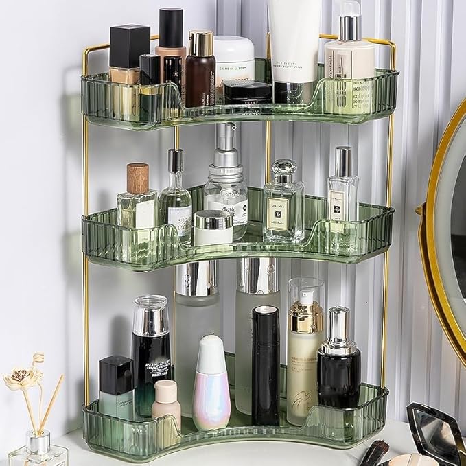 Corner Bathroom Counter Organizer, Vanity Trays, Skincare Makeup Organizer, Bathroom Counter Shelf (3 Tiers, Green)