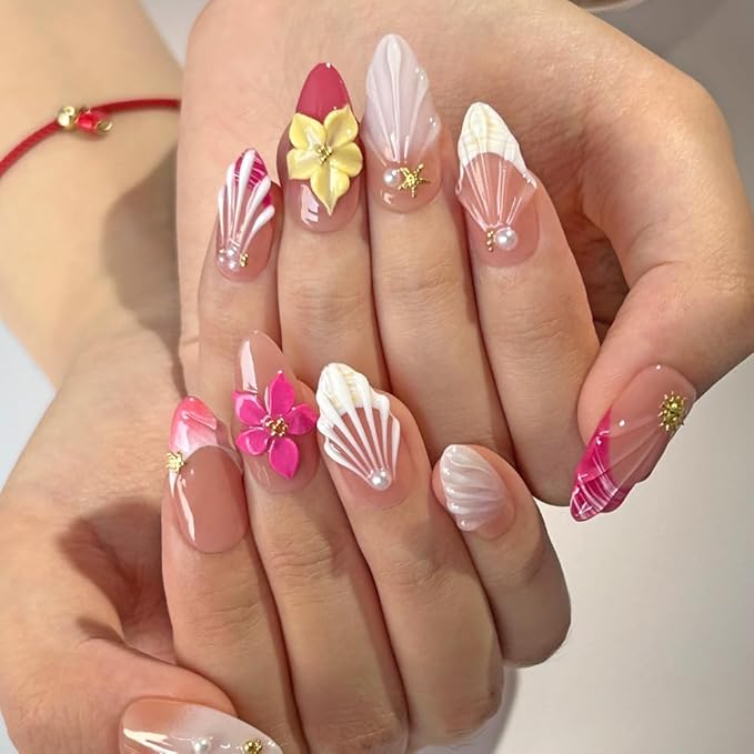 MAGLFELL Press On Nails Medium Almond Nails, Handmade 3D Design Fake Nails with Thick Acrylic Multi-Layer Gel Nails, Reusable Durable DIY Artificial Nails for Women (10 Pieces)