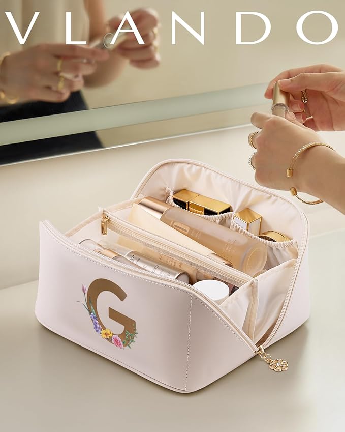 Vlando Bridesmaid Gift,Initial Makeup Bags for Women,Cosmetic Storage Bag with Zipper for Travel Essentials Birthday Wedding for Wife(Letter G)
