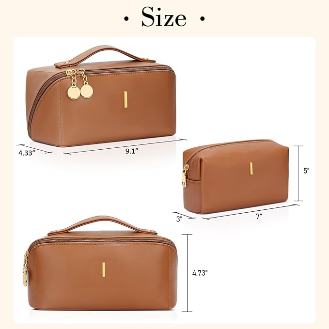 Birthday Gifts for Women Teen Girl, Personalized Initial Makeup Organizer Bag Set, Open Flat Travel Cosmetic Bag With Clear Divider and Handle(Brown,I)