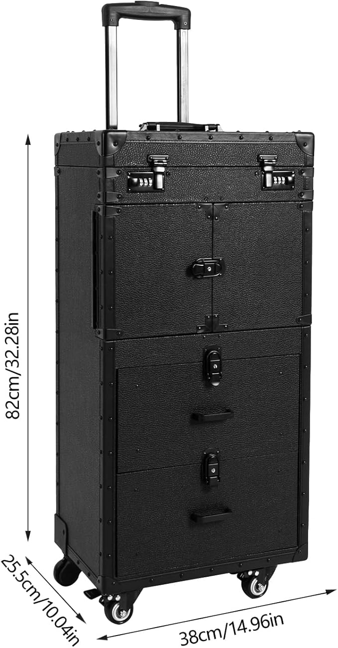 Rolling Lockable Makeup Train Case,Professional Makeup Train Case,Aluminum Cosmetic Case with 360° Swivel Wheels,Multifunction Cosmetics Trolley Train Case