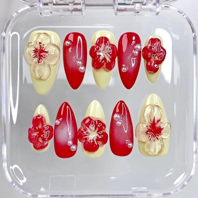 Small size MAGLFELL Women Press On Nails - 3D Almond Handmade 10Pcs Unique Fake Nails, Artistic Design, Thick Acrylic and Muti-Layer Gel False Nails-S size