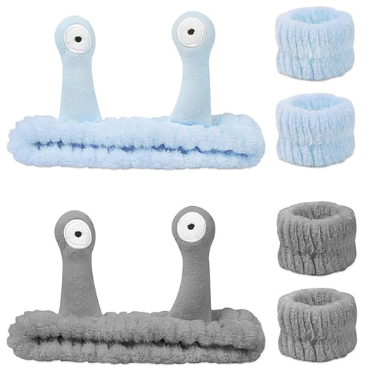 Snail Face Wash Headband Skincare & Wrist Bands for Washing Face Set Cute Spa Headband for Women and Wrist Faces Wash Bands for Shower, Facial Cleaning, Soft Coral Fleece Makeup Headbands,Blue ＆ Gray