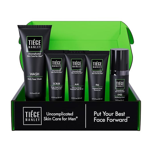 Tiege Hanley Skin Care Set for Men, Advanced Routine, System Level 2, Daily Face Wash, Facial Scrub, Two Moisturizers, and Eye Cream for Healthy, Hydrated Skin, Men’s Skin Care, 5 Piece Kit