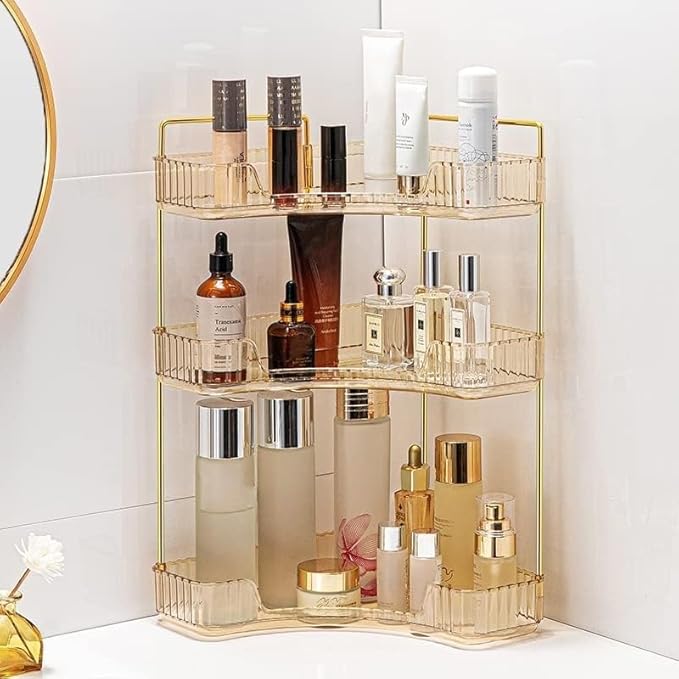 Corner Bathroom Organizer, Vanity Trays, Skincare Makeup Shelf, Counter Organizer for Cosmetics, Toiletries, Lotions, Perfumes (3 Tiers, Amber)