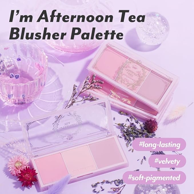 I'M MEME Blusher Palette - Afternoon Tea_Blossom Tea | Soft Pink, Peach, Lavender, 3 Shades Palette, Matte Powder, Face & Cheeks, For All Skin Tones, Powdery Finish, Lightweight Formula, 0.4 Oz