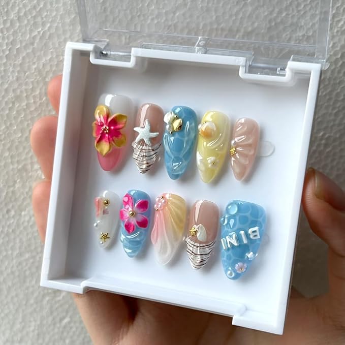 MAGLFELL Press On Nails - Medium Almond Handmade Unique Fake Nails, Artistic Design, Thick Acrylic and Muti-Layer Gel False Nails (Size M)