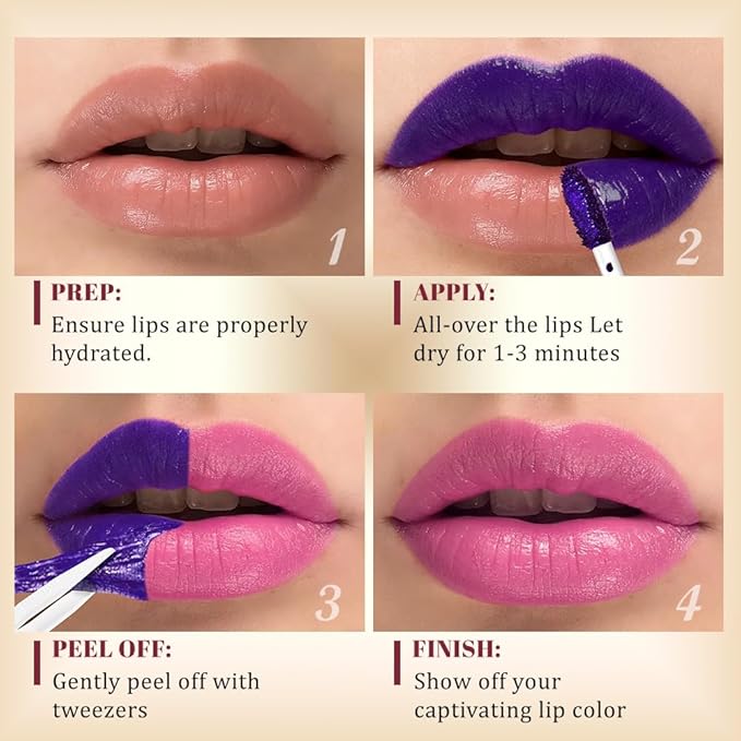 JUAAZIN 3Pcs Peel Off Lip Stain Tattoo with Tweezer - Matte Peel Off Lip Tint, Long Lasting Waterproof Transfer-Proof Lip Stain,Cruelty-Free Lip Masque for All Skin Types,Valentine's Day Gift 05+07+08