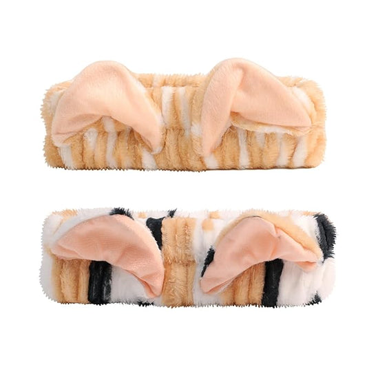 PERFECTSIGHT Spa Headband for Washing Face, 2 Pack Cute Hair Band for Shower Yoga Beauty Skincar Party, Soft Fluffy Makeup Headband, Kawaii Facial Headbands for Woman Girls, Leopard+Yellow Cat Ear