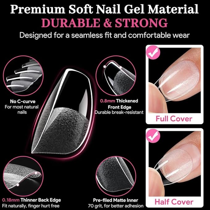 Qiek Extra Short Coffin Fake Nail Tips, 15 Sizes 240 PCS Clear Half Matte Press On False Nail Pre-shaped Half Soft Cover Gel Nail Tips Extensions Thick Long Lasting for DIY Beginners & Salon Manicure