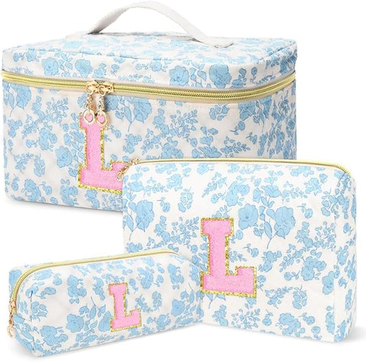 3 PCS Travel Makeup Bag Set, A–Z Initials Cotton Quilted Cosmetic Bag for Women & Preppy, Personalized Toiletry Bag Travel Accessories Makeup Brushes Organizer, Valentine’s Day & Birthday Gift for Her