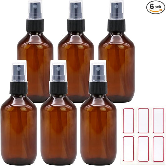 TRENDBOX 6 Pack 3.4oz Amber Spray Bottles, Small Fine Mist Mister Plastic Travel Bottles, Empty Bottles Set for Essential Oils Hair