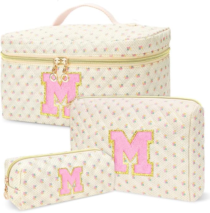 3 PCS Travel Makeup Bag Set, A–Z Initials Cotton Quilted Cosmetic Bag for Women & Preppy, Personalized Toiletry Bag Travel Accessories Makeup Brushes Organizer, Valentine’s Day & Birthday Gift for Her