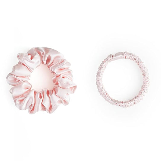SILKLAB 22 Momme 100% Mulberry Silk Scrunchies (2 Pack, Light Pink), Well- Hold Elastic for No-Damage, 6A, Soft Hair Ties, Reduces Frizz & Breakage, OEKO-TEX Certified