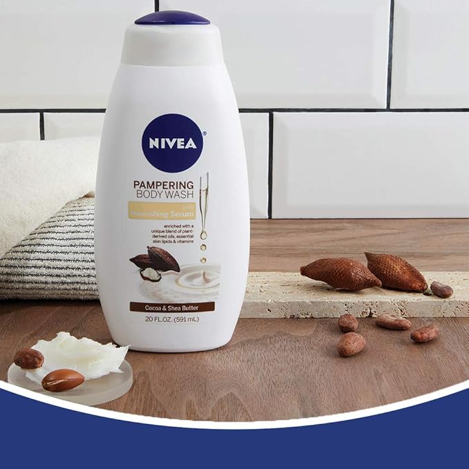 Nivea Cocoa and Shea Butter Pampering Body Wash with Nourishing Serum, 20 Fl Oz Bottle (Pack of 3)