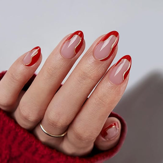 BTArtbox French Tip Press On Nails - Short Almond Red Valentines Press On Nails with Glue and Adhesive Tabs for Women in 16 Sizes - 32 Soft Gel Glue On Nails Kit, Wildfire Waves