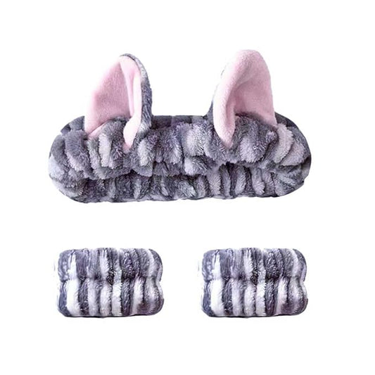 Cute Spa Headband and Wristband Set for Women Kawaii Cat Ear Gray Makeup Headband for Washing Face (3PCS, Gray)