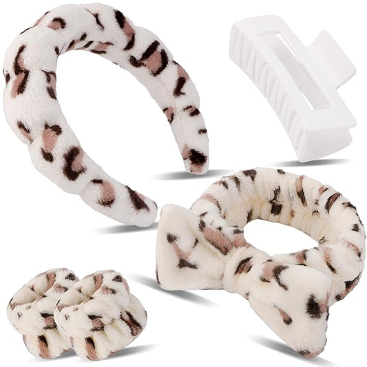Canitor Spa Headband Wrist Bands with Hair Clips Leopard Print Makeup Skincare for Washing Face Skin Care Preppy Teen Girl Gifts Cute Trendy Stuff Hair Accessories for Women