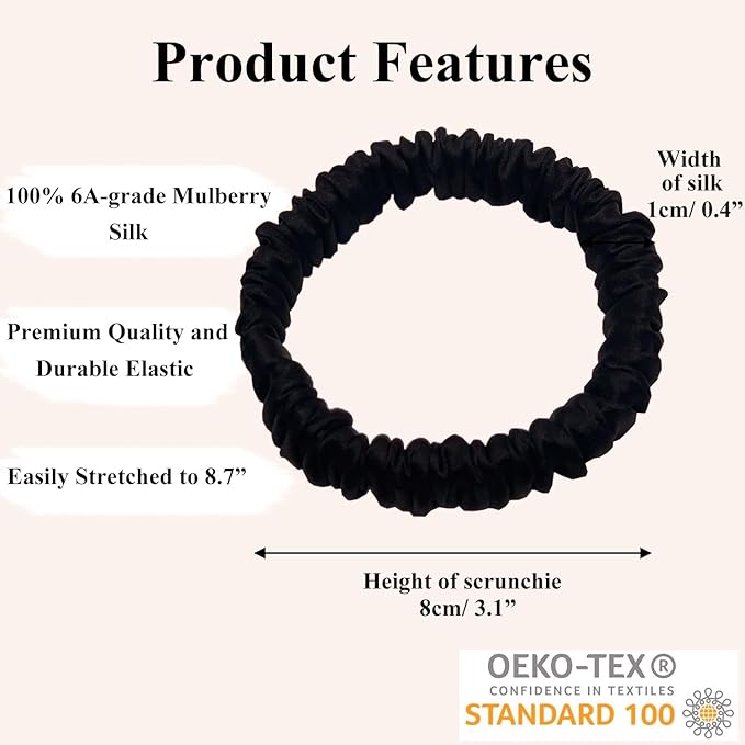 VLOMOT 3 Pcs Set 100% Pure Mulberry Silk Hair Scrunchies Hair Ties with 3 Chic Colors Everyday Skinny Scrunchies Silk Ponytail Holders Hair Care No Damage (Black)