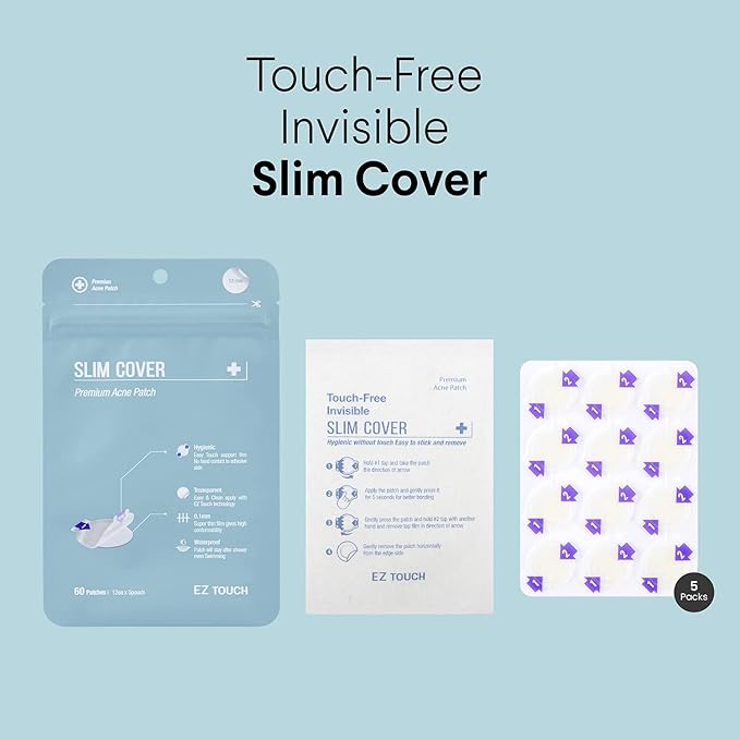 EZ Touch Touch-free Hydrocolloid Acne Pimple Patch (60 count, 12mm, Invisible) | Ultra-thin & Vaterproof | Patented Korean Slim Cover