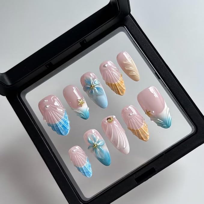 MAGLFELL Press On Nails - Medium Almond Handmade Unique Fake Nails, Artistic Design, Thick Acrylic and Muti-Layer Gel False Nails S size