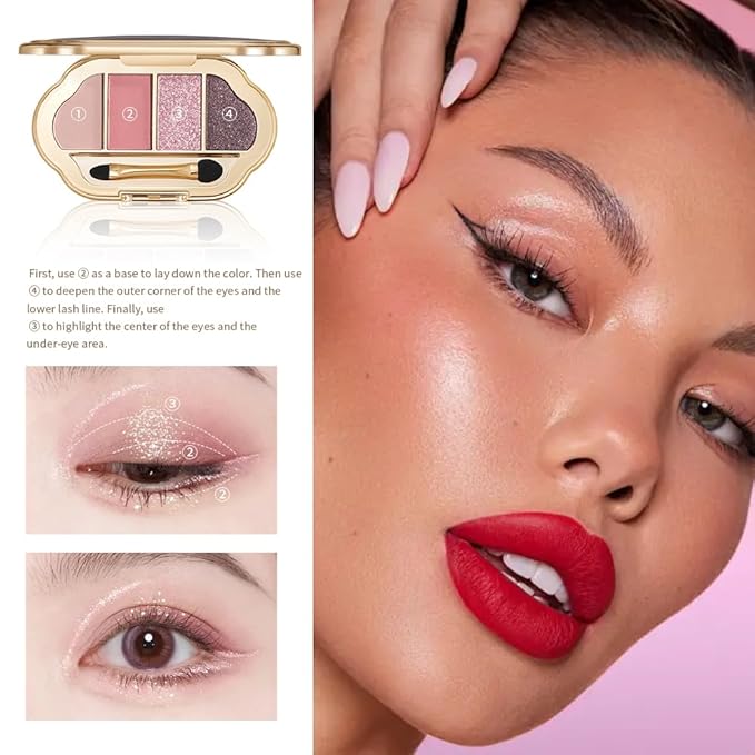 Warm Peach Eyeshadow Palette, 4 Color Peach Coral Matte & Shimmer Eyeshadow Quad, Soft Neutral Pink Shades, Long-Lasting Blendable Eye Makeup, Romantic Daily Makeup Gift for Women