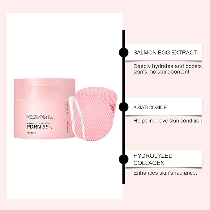 PDRN 99% Salmon Collagen Toning Gel Pads, Hydrating and Brightening Toner Pads, for Rough & Dull Skin, Soothes and Preps Skin, Gentle for Sensitive Skin, 70 Pads