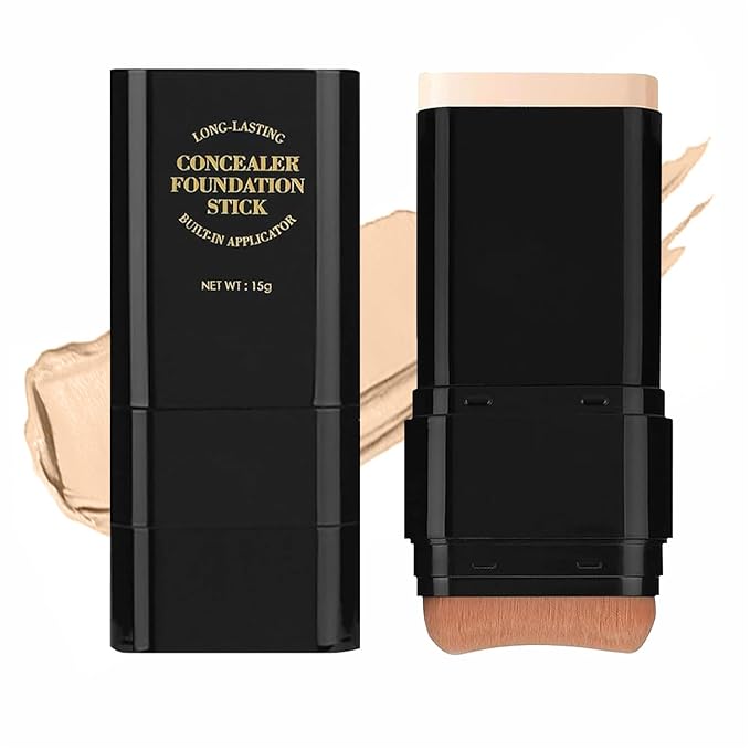 Dual-Ended Foundation & Concealer Stick with Built-in Brush, Long-Wear Matte Korean Full-Coverage Makeup, Waterproof Hydrating Contour for All Skin Tones (03#LIGHT SKIN)