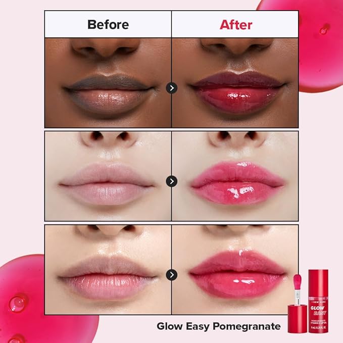 I DEW CARE Lip Gloss - Glow Easy Pomegranate | Jojoba Seed Oil, Vitamin C, Pigmented Glossy Stain, Hydrating, Korean Makeup, Pink Color, Moisturizing, Nourishing Crystal, 0.20 FL Oz