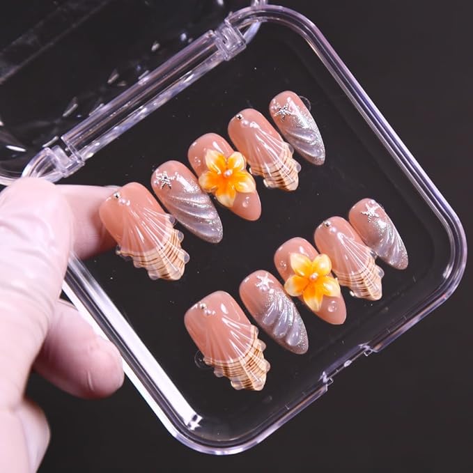 Medium size Women Press On Nails - Medium Almond False Nails 10Pcs Luxury Handmade 3D Painting Art ABS Acrylic Artificial Fingernails-M-size