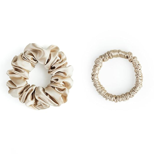 SILKLAB 22 Momme 100% Mulberry Silk Scrunchies (2 Pack, Champagne), Well-Hold Elastic for No-Damage, 6A, Soft Hair Ties, Reduces Frizz & Breakage, OEKO-TEX Certified