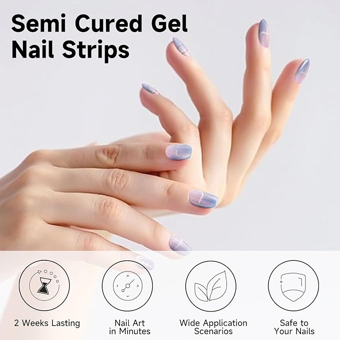 DUKASOU Semi Cured Gel Nail Strips, 56Pcs Nail Art Stickers/Wraps, Long Lasting UV Nail Polish Strips for Adults(Blue+Pink)