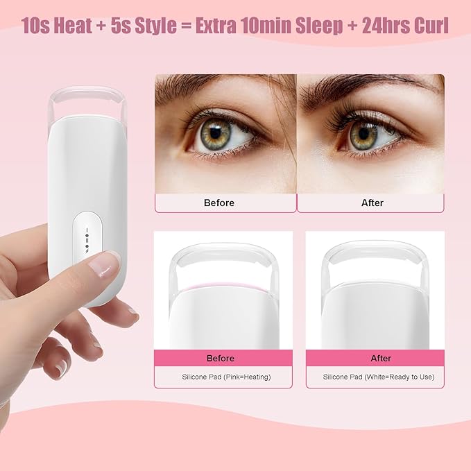 Transparent Heated Eyelash Curler, Electric Eye Lash Curler 10S Fast Heat 24Hrs Long Lasting, Portable Travel Natural C Curl Lashes Type-C Rechargeable Eyelash Curlers (White)