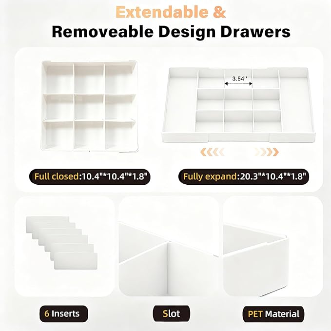 Expandable Desk Drawer Organizer, Acrylic Drawer Organizer Trays with 11 Adjustable Compartments 6 Removable Dividers Desk Accessories for Makeup Utensil Junk Office Kitchen Bathroom ( White, 1Pcs )