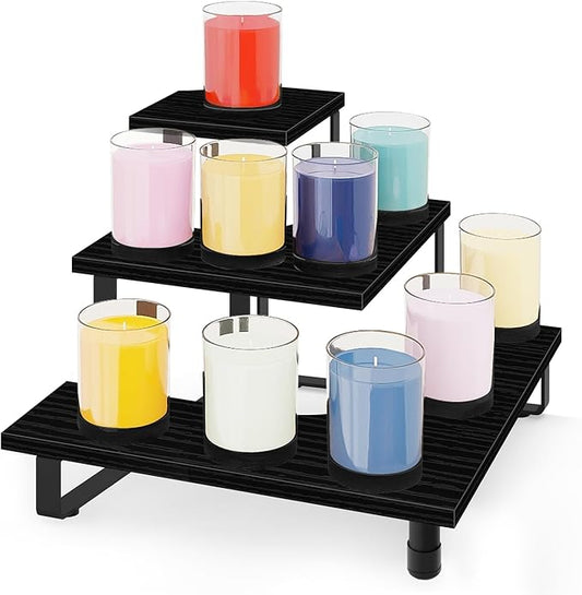 ELITEROO 3 Tier Wooden Retail Display Shelves, Portable Display Rack for Retail Counter Top Craft Shows Tradeshows, 3 Step Corner Tiered Table Display Tower Stand for Cupcake Jewelry Display, Black