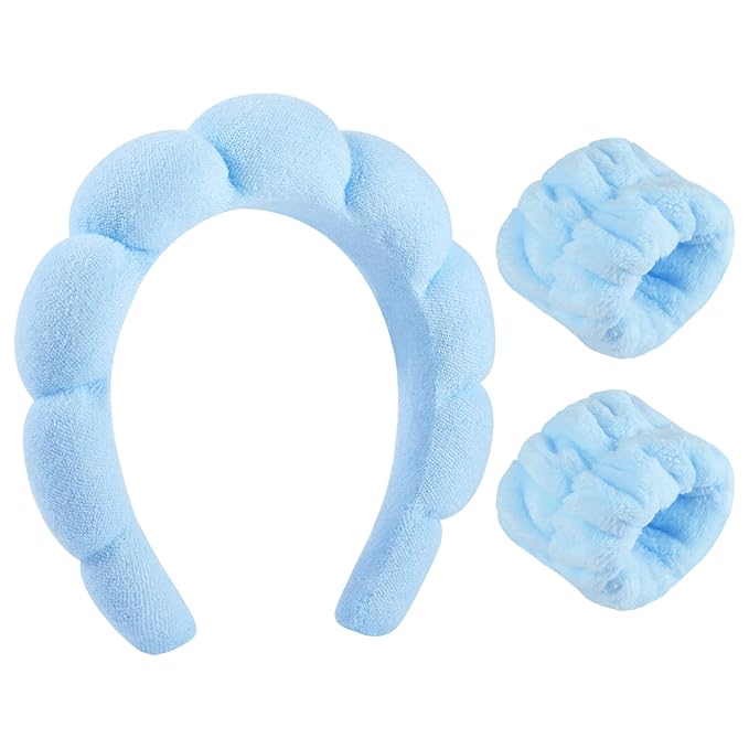 WSICSE Sponge Spa Headband for Women, Blue Skincare Headband and Wrist Washband Set Makeup Hairband Womens Stocking Stuffer