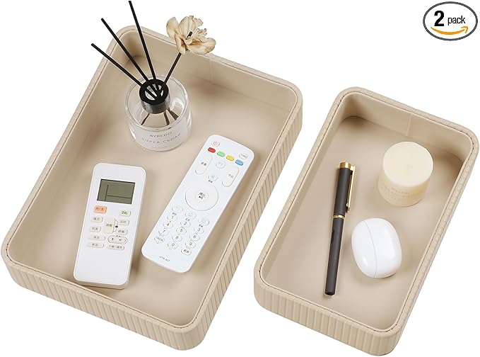 MEIBOOCH 2 Pack Nightstand Organizer Tray, Decorative Perfume Valet Tray Trinket Dish Catch All Purse Key Bowl, PU Leather Coffee Table Trays for Vanity Dresser Bedside Bathroom Countertop (Beige)