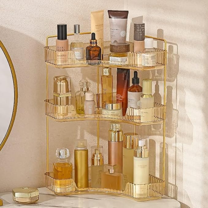 Corner Bathroom Organizer, Vanity Trays, Skincare Makeup Shelf, Counter Organizer for Cosmetics, Toiletries, Lotions, Perfumes (3 Tiers, Amber)