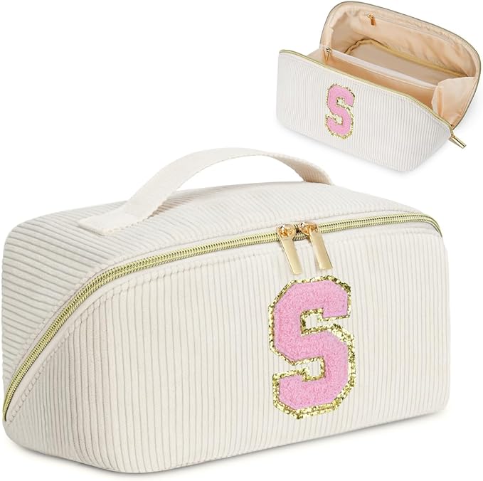 Personalized Initial Makeup Bag, Valentine's Day Gifts for Girls,Preppy Bag Cosmetic Travel Bag Women,Travel Toiletry Organizer,Large Capacity Corduroy Stuff Bag,Cute Cosmetic Pouch Skincare Bag