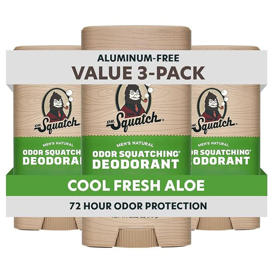 Dr. Squatch Natural Men’s Deodorant – Aluminum Free Natural Deodorant Men with Charcoal & Postbiotics for 72-Hour Odor Protection – Cool Fresh Aloe, 2.65oz Stick (3-Pack)