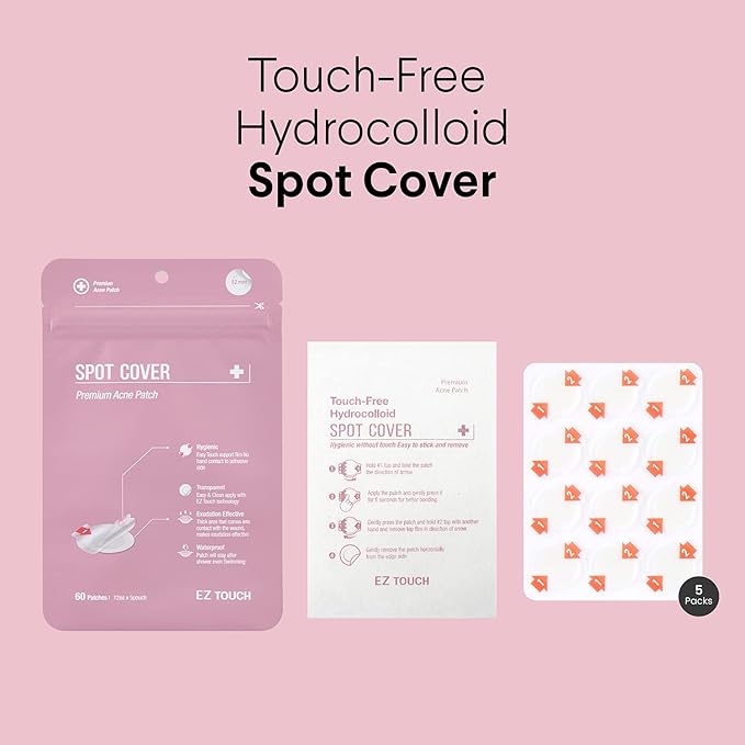 EZ Touch Touch-free Hydrocolloid Acne Pimple Patch(60 count, 12mm, Fast0Healing) | Last 48 hr | Patented Korean Spot Cover