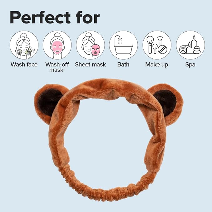 I DEW CARE Face Wash Headband - Brown Bear | Animal Head band for Face Washing & Skincare, Spa Day, Soft & Fuzzy, Cute for Makeup, Shower, Teen Girls Stuff, Teddy Bear Ears, (1 Count)