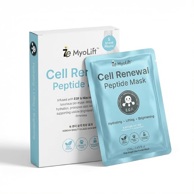 MYOLIFT Cell Renewal Peptide Mask(EGF)– 100%Vegan, Bio-Cellulose FaceMask for CellRenewal, Skin Firming, Hydrating & Brightening-with Niacinamide, Hyaluronic Acid& EGF|Korean Skincare Sheet Mask–Pack1